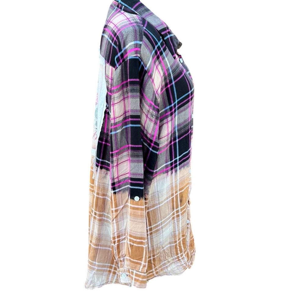 Reworked Boho Jane Saved by Grace Bleached Plaid Flannel Shirt Medium - Picture 4 of 6